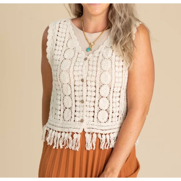 Women's Adora Crochet Fringe Vest in Beige, OS - Picture 7 of 7